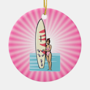 Roze Surfer Girl Keramisch Ornament