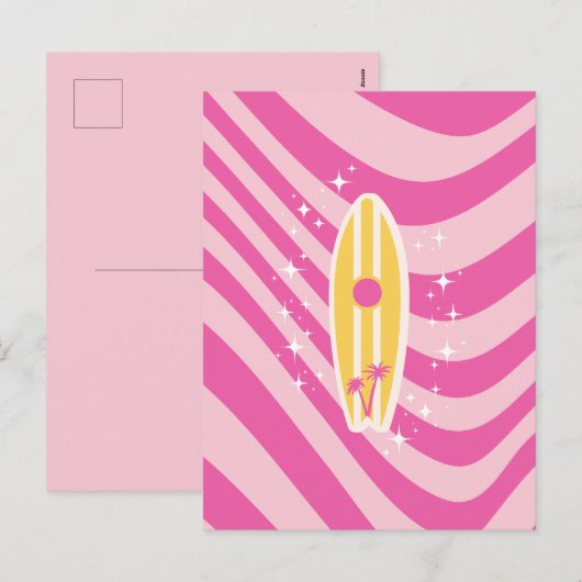 Roze surfplank, strandkunst, tropische vibes, prep feestdagenkaart (Voorkant / Achterkant)