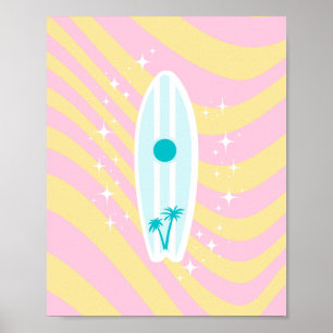 Roze surfplank, strandkunst, tropische vibes, prep poster