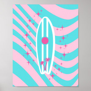 Roze surfplank, strandkunst, tropische vibes, prep poster