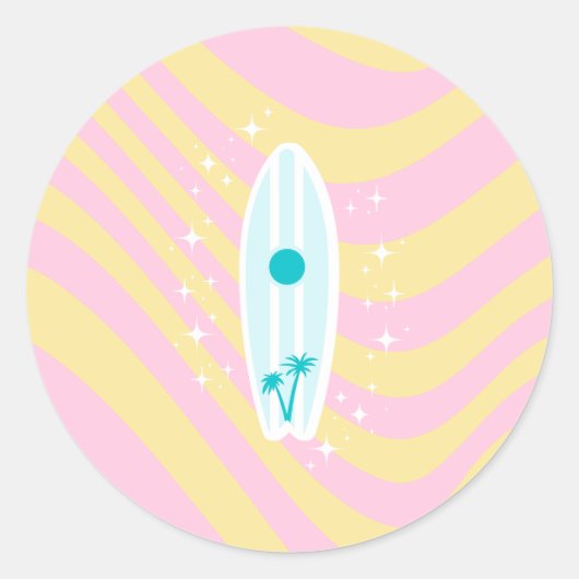Roze surfplank, strandkunst, tropische vibes, prep ronde sticker (Voorkant)