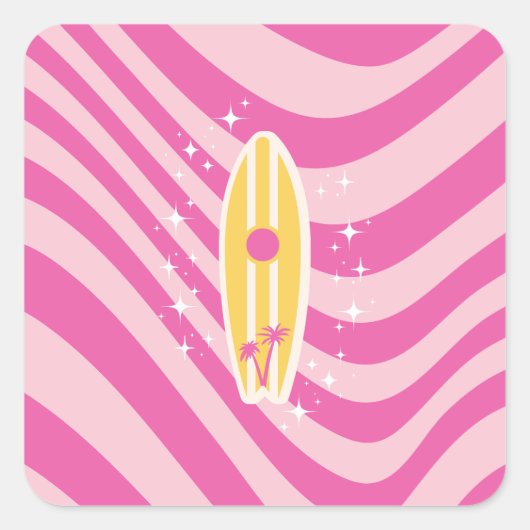 Roze surfplank, strandkunst, tropische vibes, prep vierkante sticker (Voorkant)