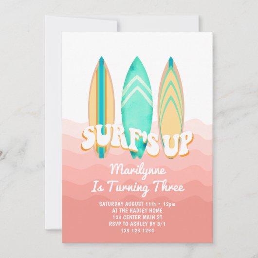 Roze Surfs Up Surfboard 3e verjaardag Kaart (Voorkant)