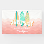 Roze Surfs Up Surfboard Verjaardag Spandoek (Horizontaal)