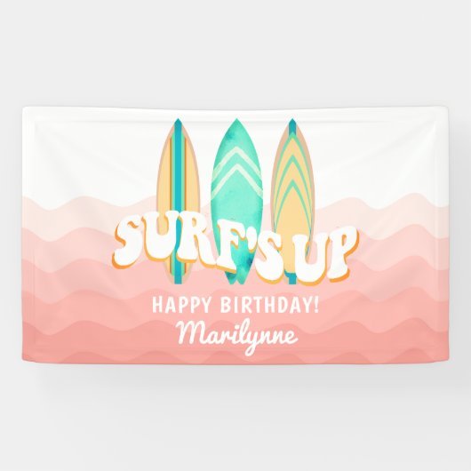Roze Surfs Up Surfboard Verjaardag Spandoek (Horizontaal)
