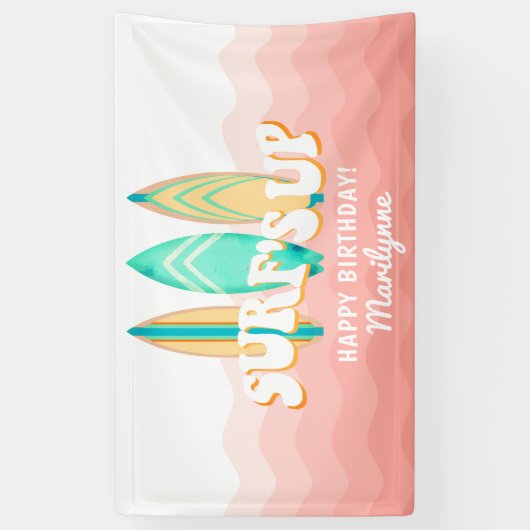 Roze Surfs Up Surfboard Verjaardag Spandoek (Verticaal)