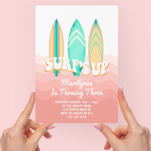Roze Surfs Up Surfplank 3e Verjaardag Kaart