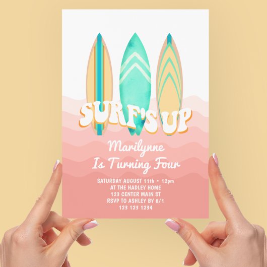 Roze Surfs Up Surfplank 4e Verjaardag Kaart
