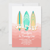Roze Surft Op Surfplank 1e Verjaardag Kaart (Voorkant)