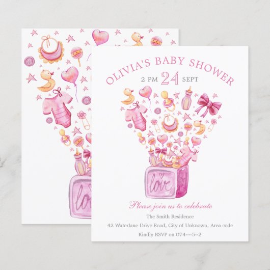 Roze Surprise Box Girl Baby shower Invitation (Voorkant / Achterkant)