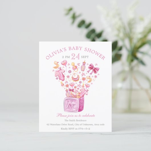 Roze Surprise Box Girl Baby shower Invitation (Staand voorkant)