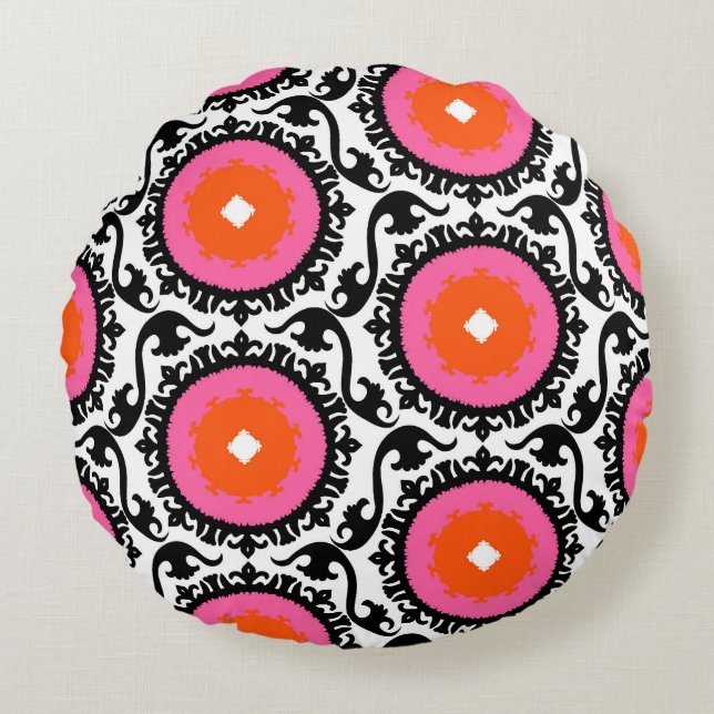 Roze Suzani Pattern Rond Kussen (Voorkant)