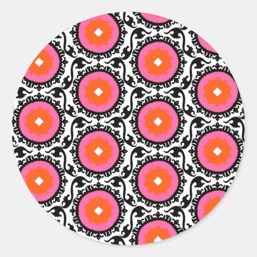 Roze Suzani Pattern Ronde Sticker (Voorkant)