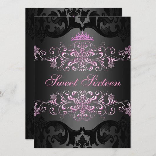 Roze Sweet16 Elegante Tiara Damask Verjaardag Uitn Kaart (Voorkant / Achterkant)