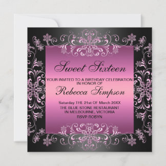 Roze Sweet16 Sneeuw Stof Verjaardagsuitnodiging Kaart