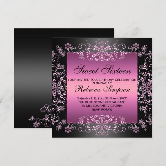 Roze Sweet16 Sneeuwstof Verjaardag Uitnodigen Kaart (Voorkant / Achterkant)