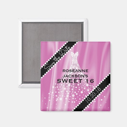Roze Sweet 16 Bewaar de datum Elegante Satijnen Di Magneet (Voorkant / Achterkant)