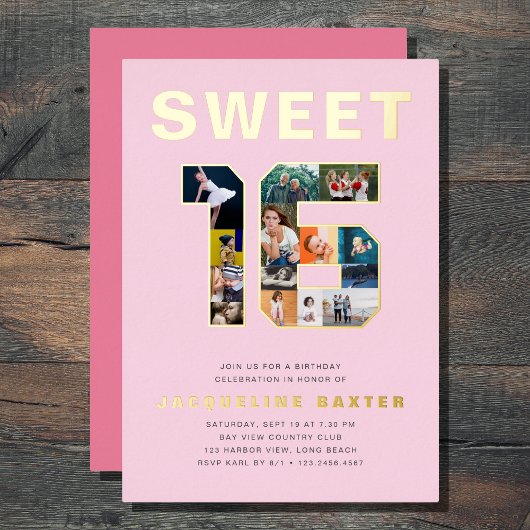 Roze Sweet 16 Birthday Foto Gold Folie Uitnodiging