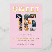 Roze Sweet 16 Birthday Foto Gold Folie Uitnodiging (Voorkant)