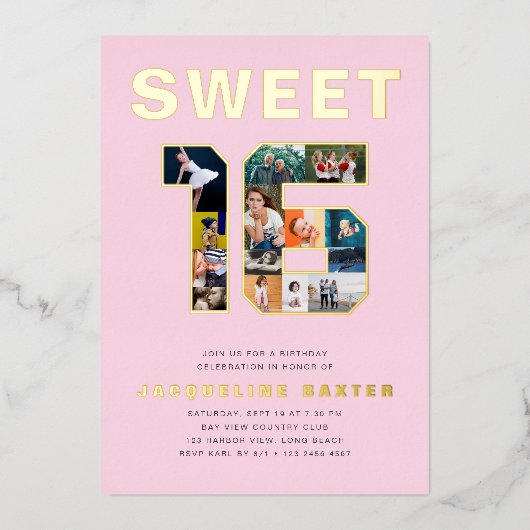 Roze Sweet 16 Birthday Foto Gold Folie Uitnodiging (Voorkant)