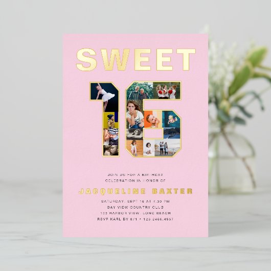 Roze Sweet 16 Birthday Foto Gold Folie Uitnodiging (Staand Voorkant)