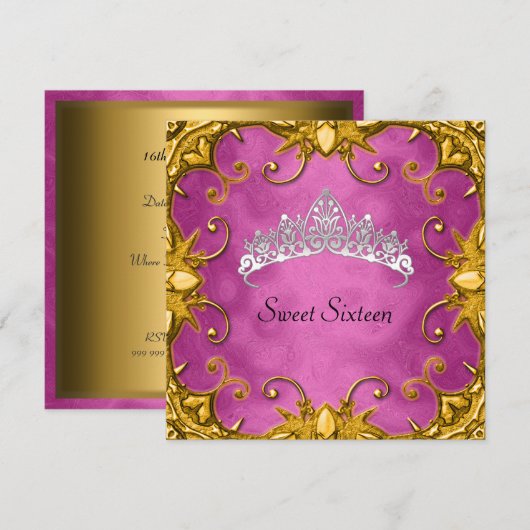 Roze Sweet 16 Birthday Party Gold White Tiara Kaart (Voorkant / Achterkant)