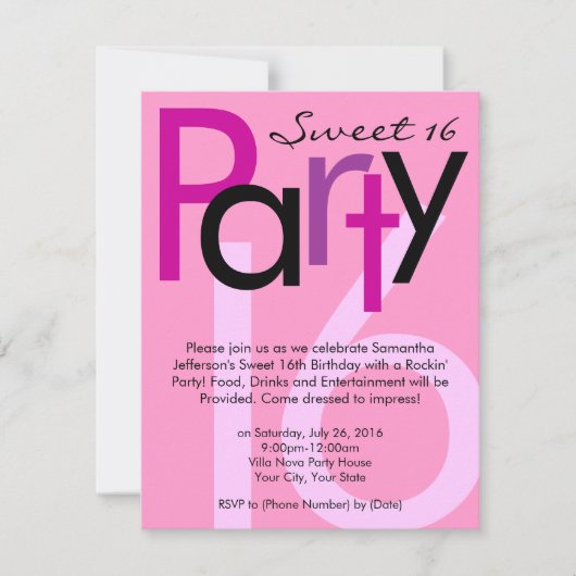 Roze Sweet 16 Birthday Party Invitation Kaart (Voorkant)