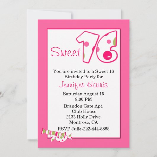 Roze Sweet 16 Birthday Party Invitation Kaart (Voorkant)