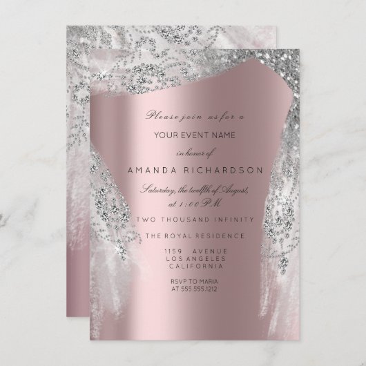 Roze Sweet 16 Bruids Zilveren Grijze Roos Jurk Kaart (Voorkant / Achterkant)