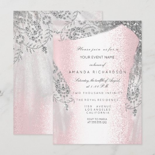 Roze Sweet 16 Bruidsjurk Zilver Grijs Diamanten Ju Kaart (Voorkant / Achterkant)