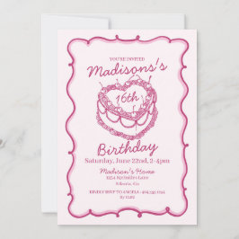 Roze Sweet 16 Heart Coquette Cherry Cake Verjaarda Kaart