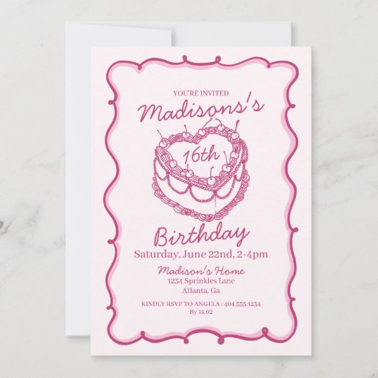 Roze Sweet 16 Heart Coquette Cherry Cake Verjaarda Kaart (Voorkant)