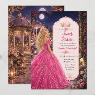 Roze Sweet 16 Prinsessen Tuin bij Maanslicht Kaart