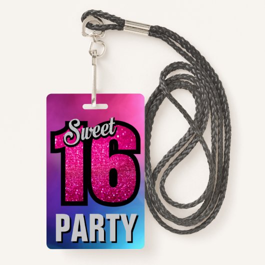 Roze Sweet 16 Verjaardagsfeest Uitnodigingskaart I Badge (Voorkant met draagriem)