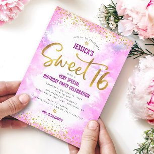 Roze Sweet 16 Waterverf Gouden Verjaardag Modern B Kaart