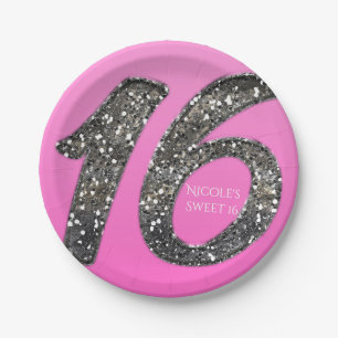 Roze Sweet 16 Zilver Glitter Glam Verjaardagsfeest Papieren Bordje
