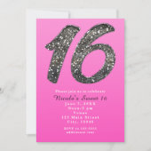 Roze Sweet 16 Zilveren Glitter Party Uitnodigingen (Voorkant)