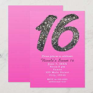 Roze Sweet 16 Zilveren Glitter Uitnodigingen voor