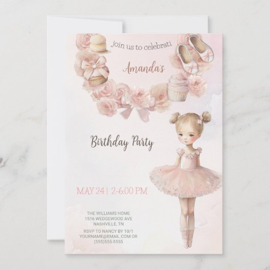 Roze Sweet Ballerina Birthday Uitnodiging (Voorkant)