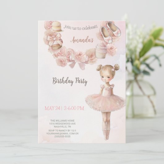 Roze Sweet Ballerina Birthday Uitnodiging (Staand voorkant)