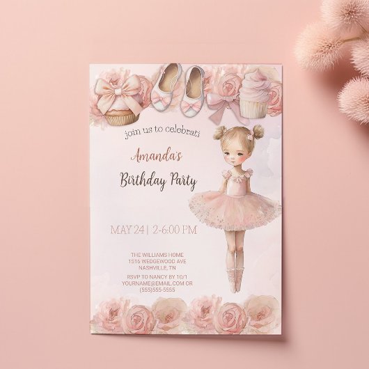 Roze Sweet Ballerina Birthday Uitnodiging