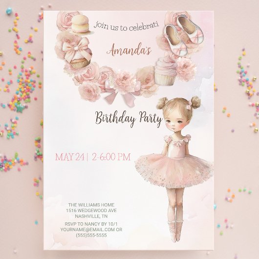 Roze Sweet Ballerina Birthday Uitnodiging