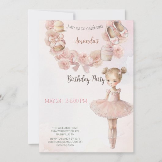 Roze Sweet Ballerina Birthday Uitnodiging (Voorkant)