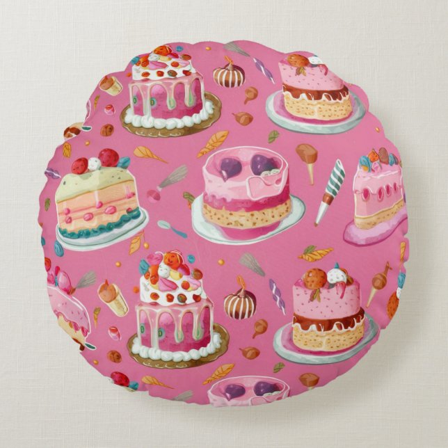 Roze Sweet Cake Patroon Rond Kussen (Voorkant)