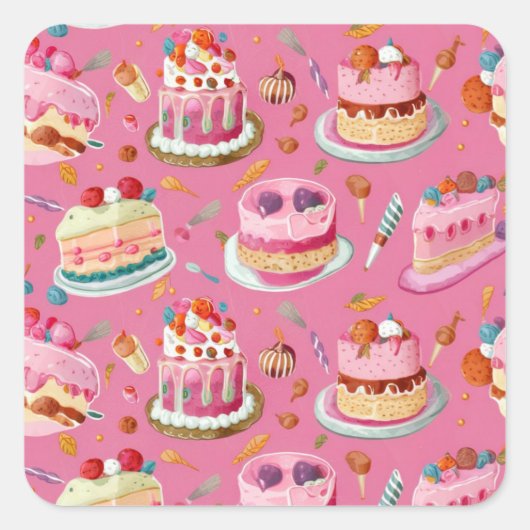 Roze Sweet Cake Patroon Vierkante Sticker (Voorkant)