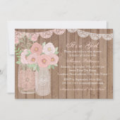 Roze Sweet Mason Jar & Wood Baby shower Uitnodigen Kaart (Voorkant)