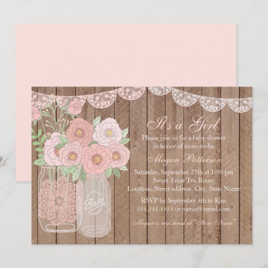 Roze Sweet Mason Jar & Wood Baby shower Uitnodigen Kaart (Voorkant / Achterkant)