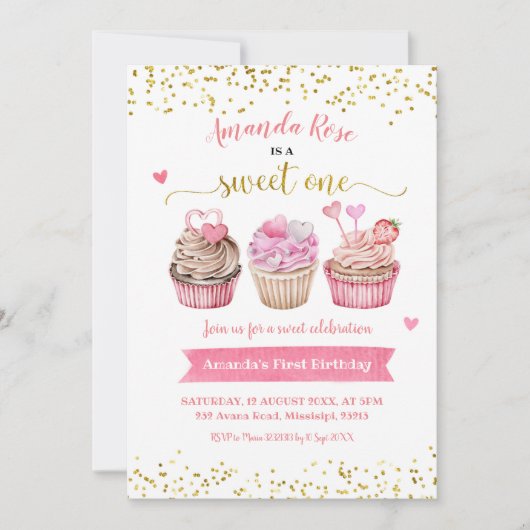 Roze Sweet One Girl Birthday Uitnodiging (Voorkant)