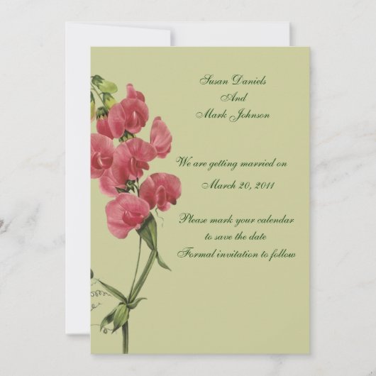 Roze Sweet Pea Flower Wedding Save The Date (Voorkant)