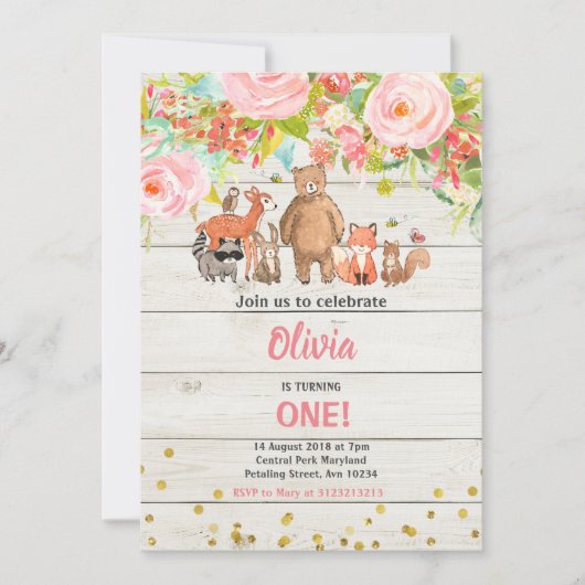 Roze Sweet Rustic Woodland Animal 1e verjaardag Kaart (Voorkant)